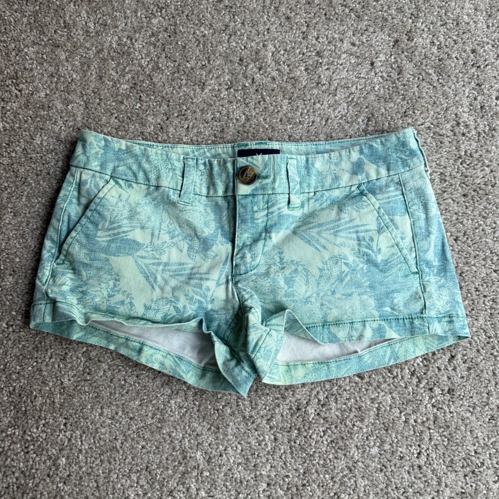 Y2K American Eagle Chino Micro Mini Shorts Women 2 Green Floral Stretch Tropical